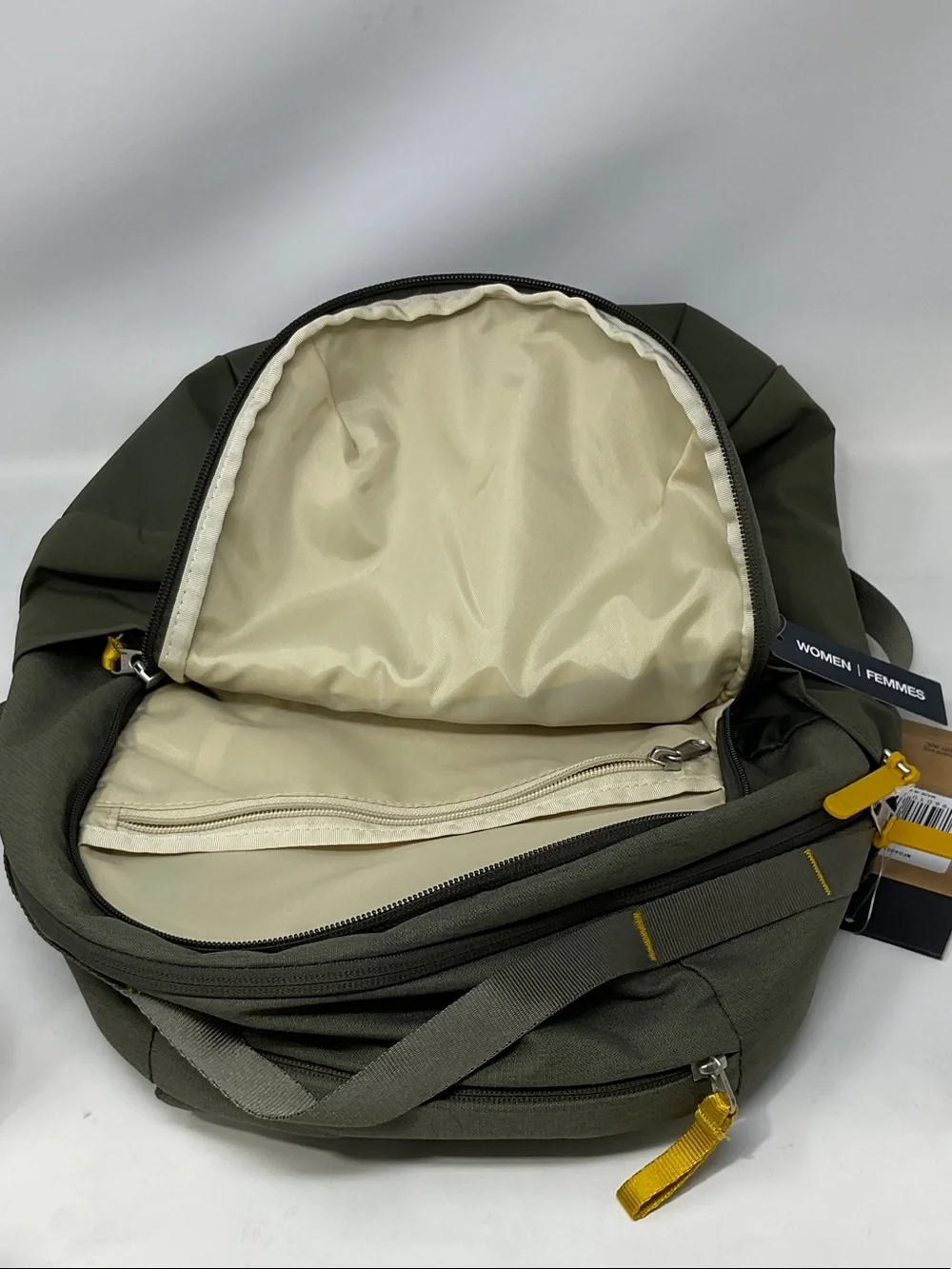 The North Face Isabella 3 Olive Green Backpack with Yellow Pull Tabs